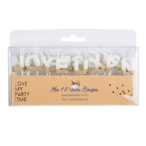 18 BOUGIES SUR PIQUE JOYEUX ANNIVERSAIRE BLANC ET OR