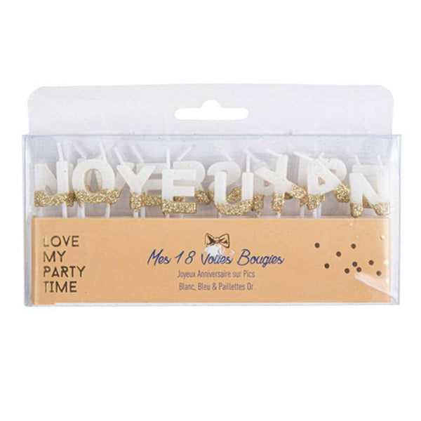 18 BOUGIES SUR PIQUE JOYEUX ANNIVERSAIRE BLANC ET OR